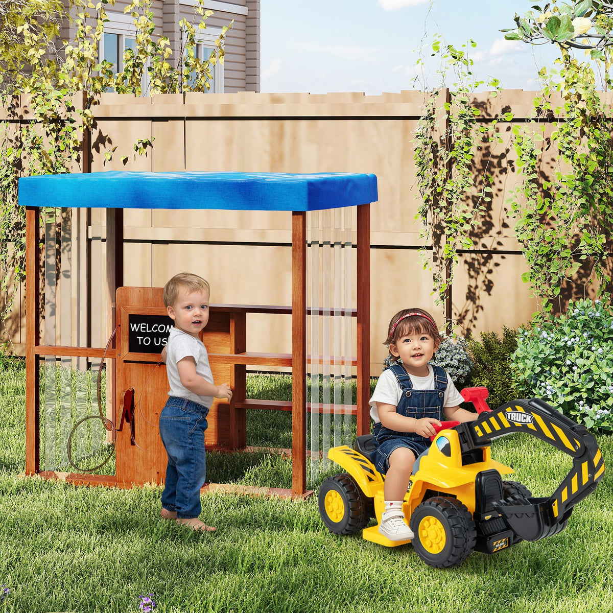 Kids Gas Station Playhouse with Gas Refueling Guns for Aged 3+-Brown view 7
