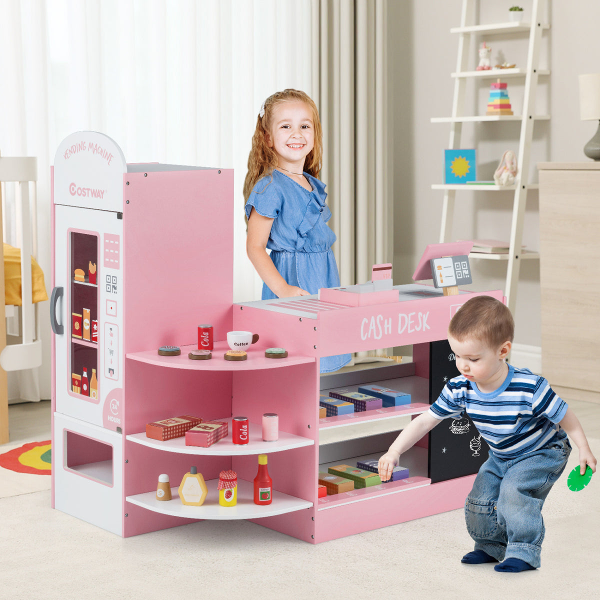Kids Grocery Store Playset with Cash Register POS Machine-Pink view 2