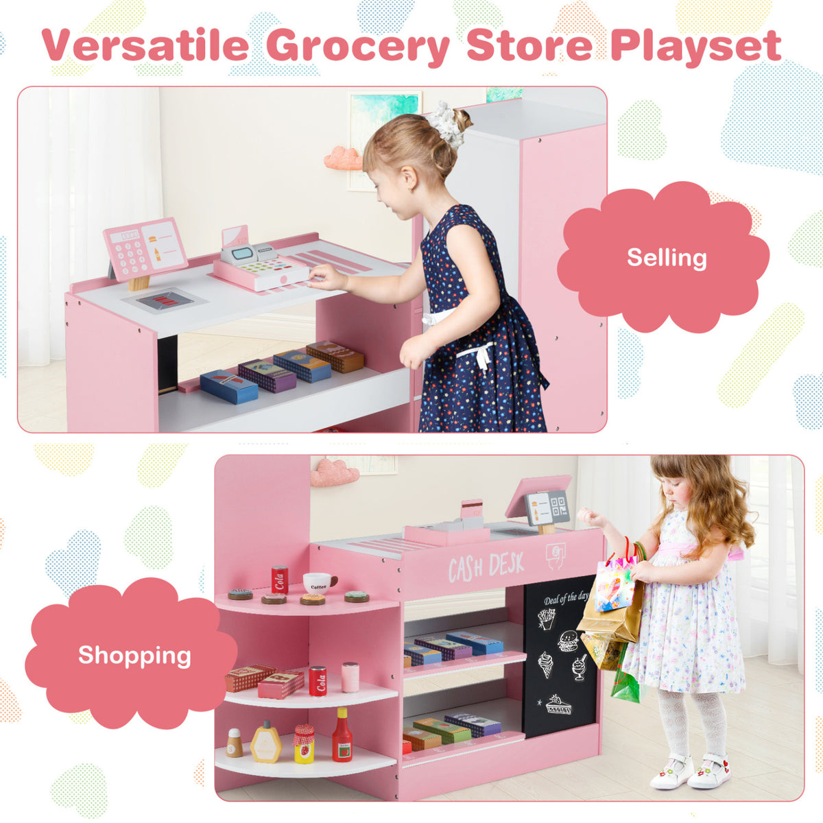 Kids Grocery Store Playset with Cash Register POS Machine-Pink view 7