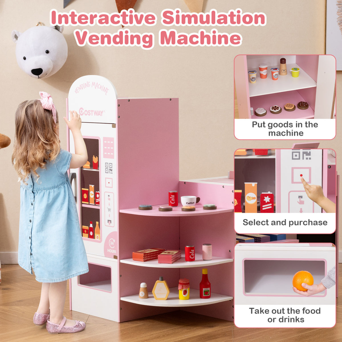 Kids Grocery Store Playset with Cash Register POS Machine-Pink view 8