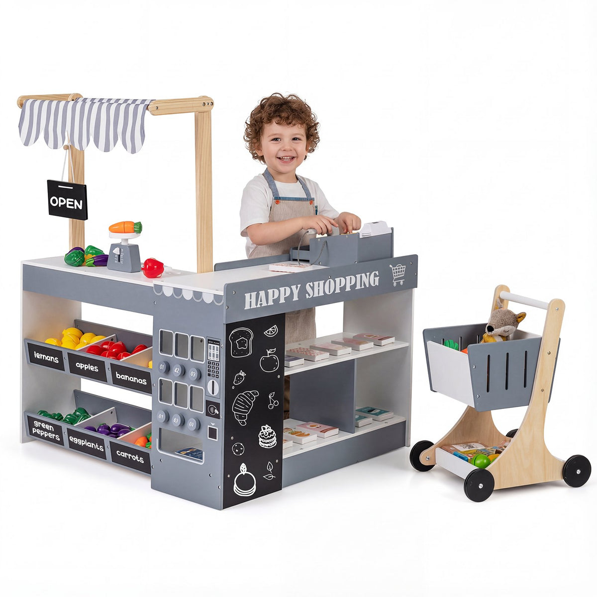Kids Grocery Store Playset Wooden Pretend Play Supermarket with Shopping Cart-Gray