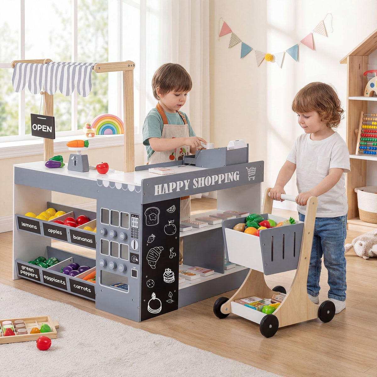 Kids Grocery Store Playset Wooden Pretend Play Supermarket with Shopping Cart-Gray view 2