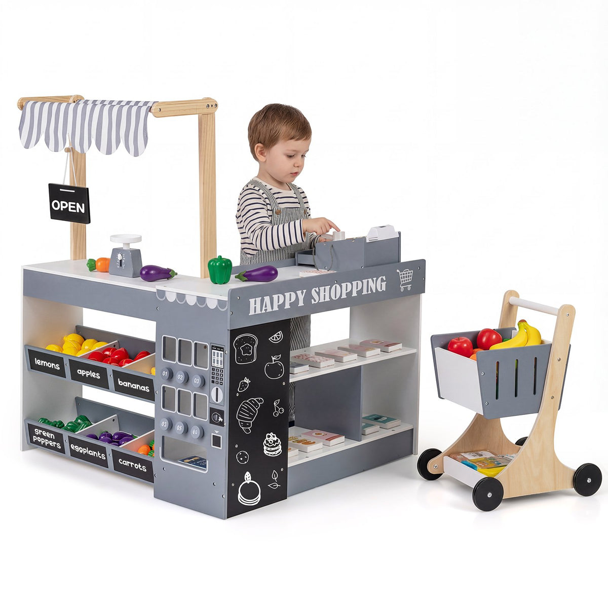 Kids Grocery Store Playset Wooden Pretend Play Supermarket with Shopping Cart-Gray view 3