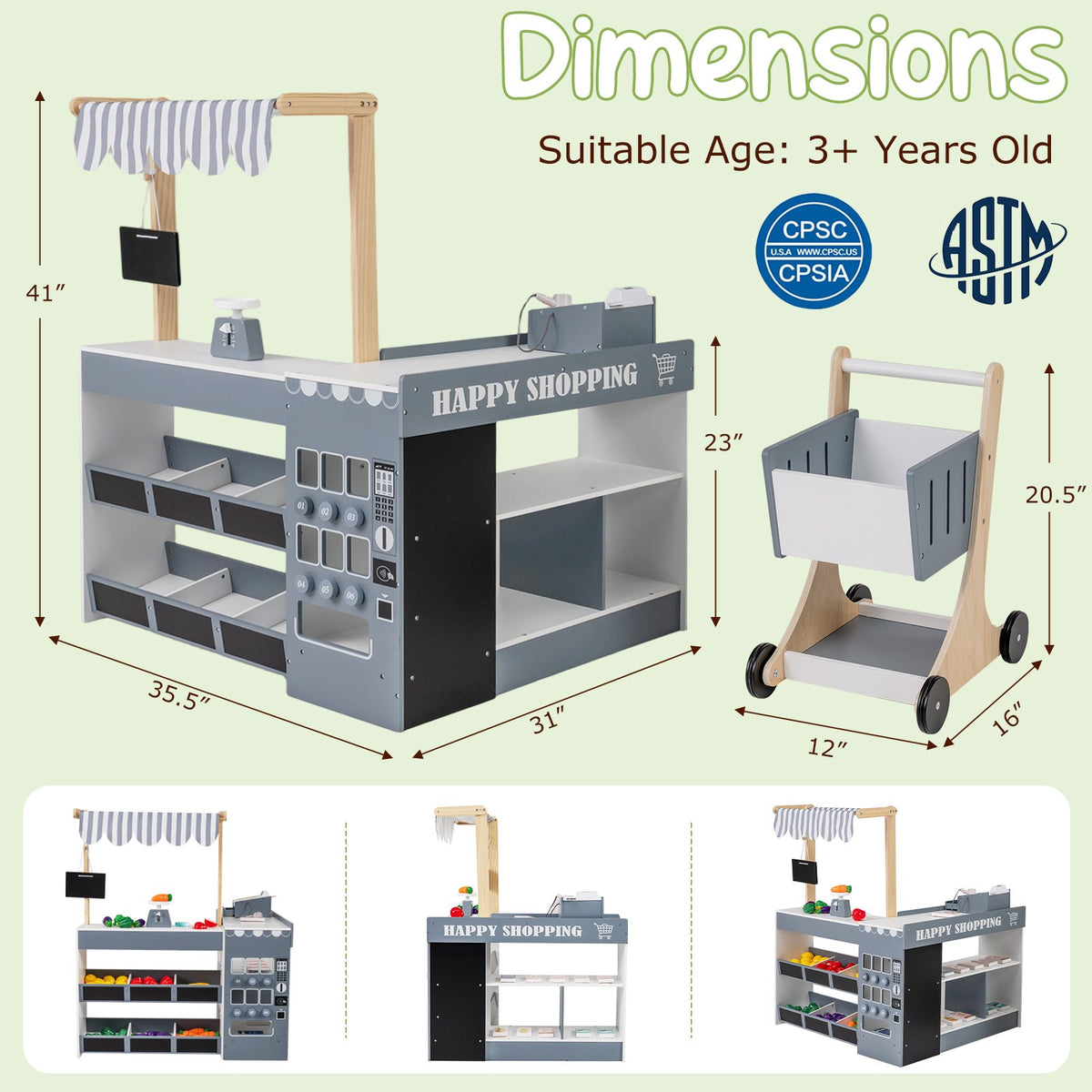 Kids Grocery Store Playset Wooden Pretend Play Supermarket with Shopping Cart-Gray view 4