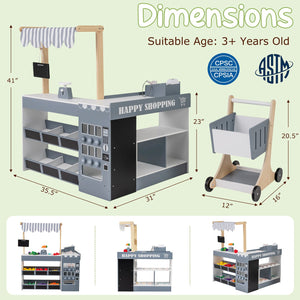 Kids Grocery Store Playset Wooden Pretend Play Supermarket with Shopping Cart-Gray view 4