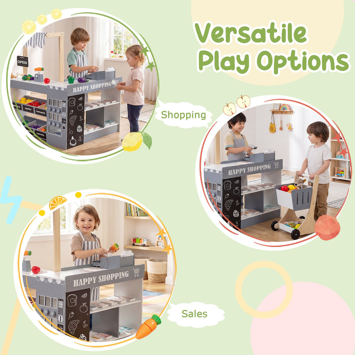 Kids Grocery Store Playset Wooden Pretend Play Supermarket with Shopping Cart-Gray view 5
