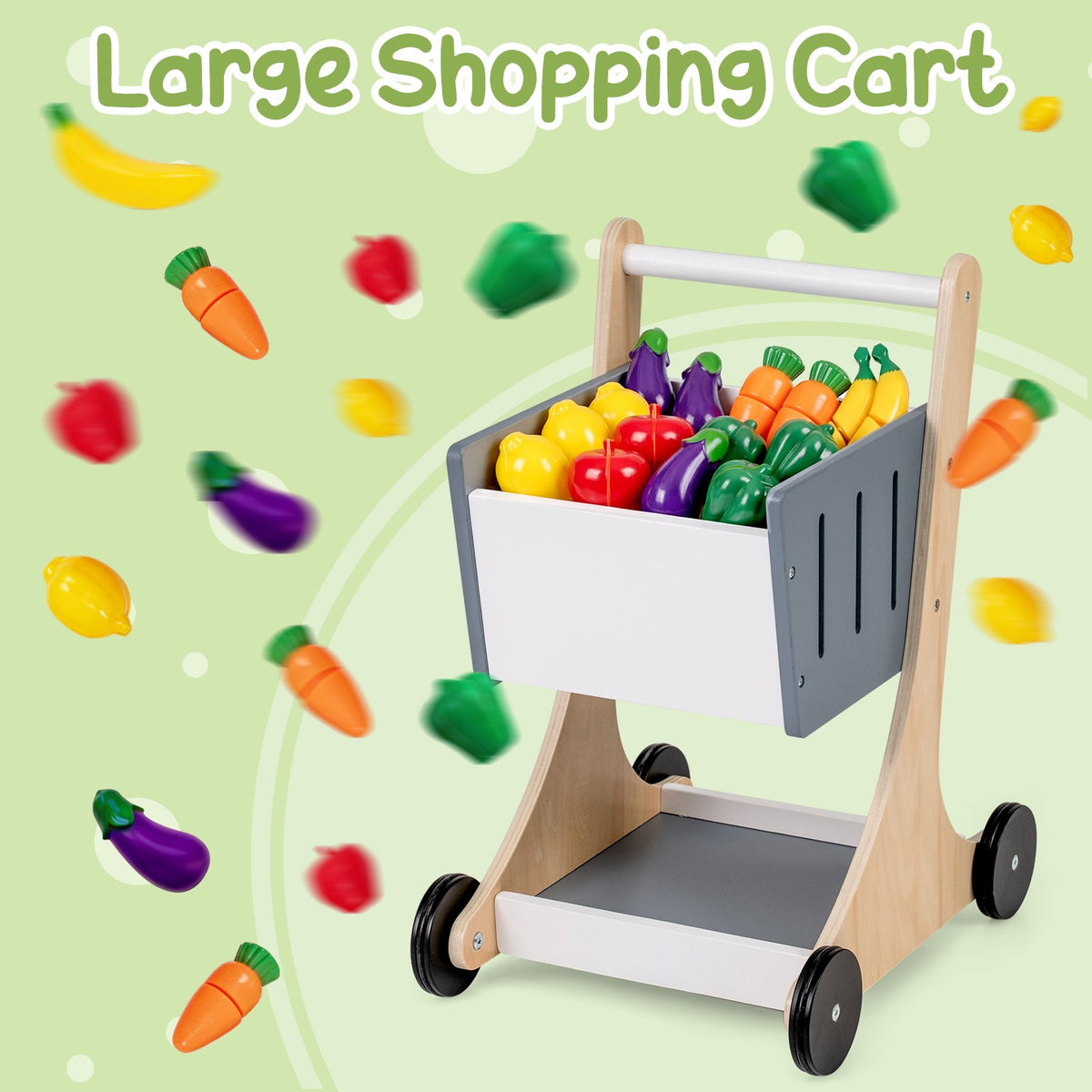 Kids Grocery Store Playset Wooden Pretend Play Supermarket with Shopping Cart-Gray view 6