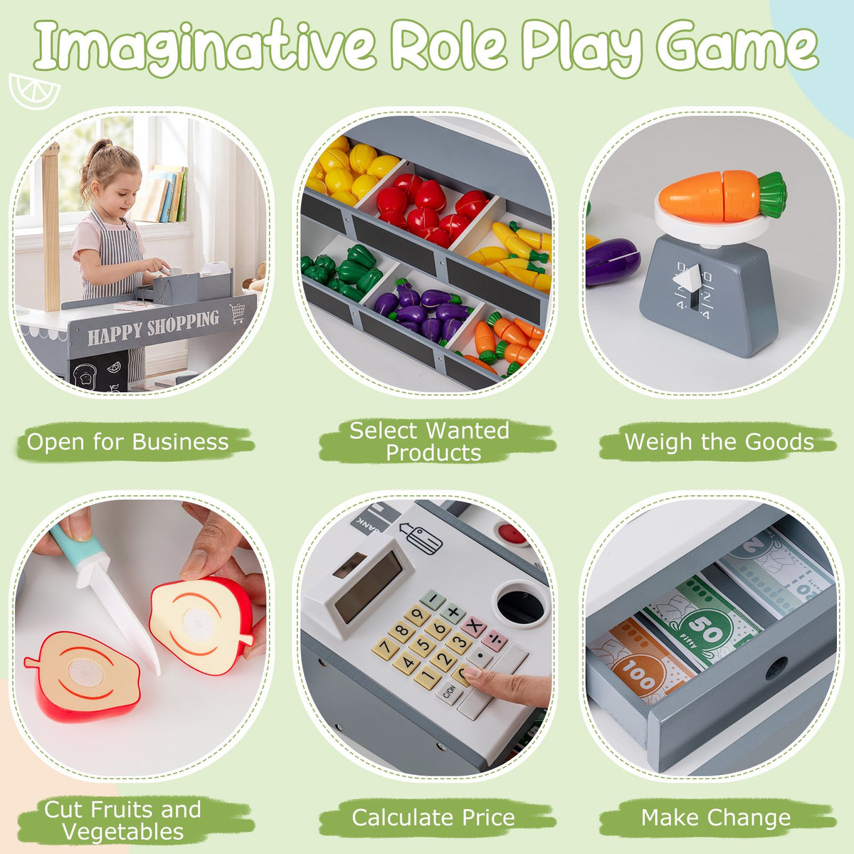 Kids Grocery Store Playset Wooden Pretend Play Supermarket with Shopping Cart-Gray view 7