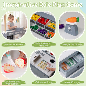 Kids Grocery Store Playset Wooden Pretend Play Supermarket with Shopping Cart-Gray view 7