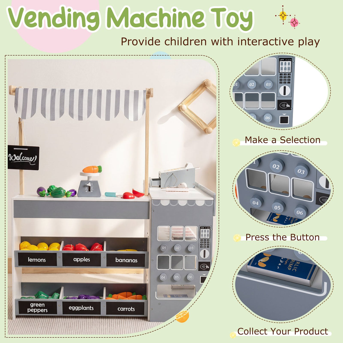Kids Grocery Store Playset Wooden Pretend Play Supermarket with Shopping Cart-Gray view 8