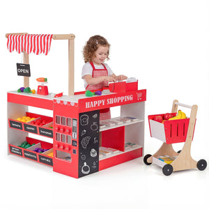 Kids Grocery Store Playset Wooden Pretend Play Supermarket with Shopping Cart-Red