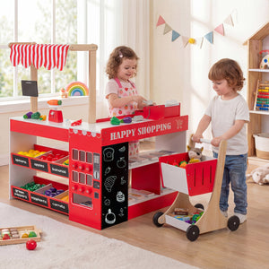 Kids Grocery Store Playset Wooden Pretend Play Supermarket with Shopping Cart-Red view 2