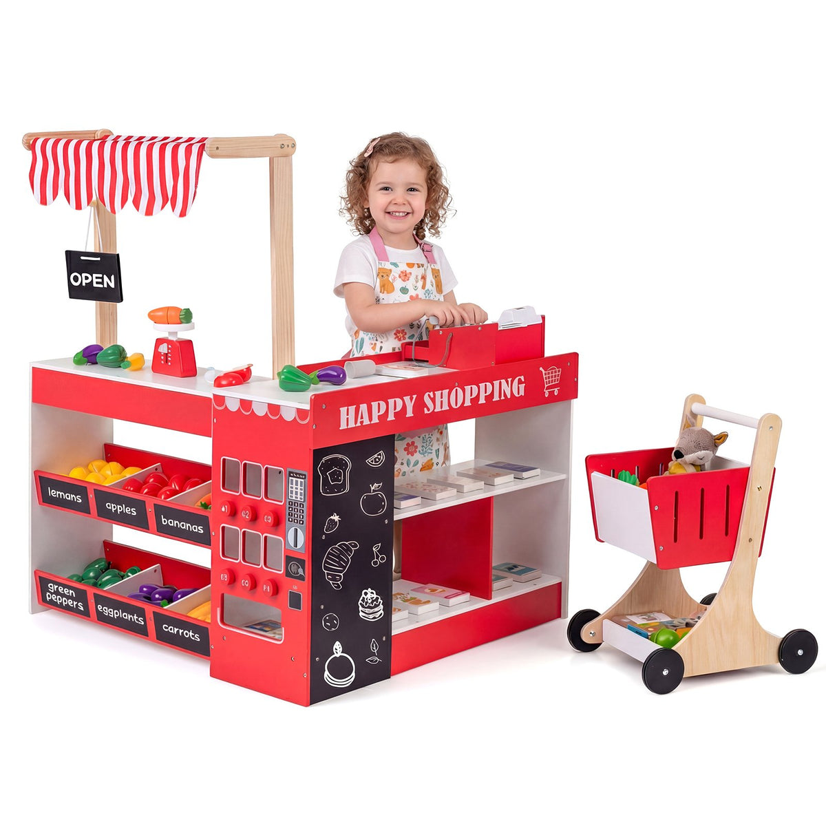 Kids Grocery Store Playset Wooden Pretend Play Supermarket with Shopping Cart-Red view 3