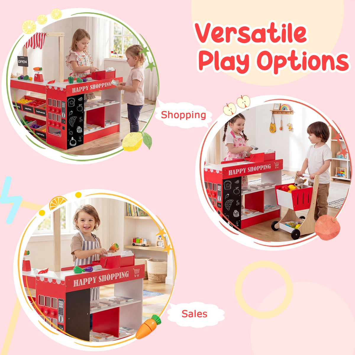 Kids Grocery Store Playset Wooden Pretend Play Supermarket with Shopping Cart-Red view 5