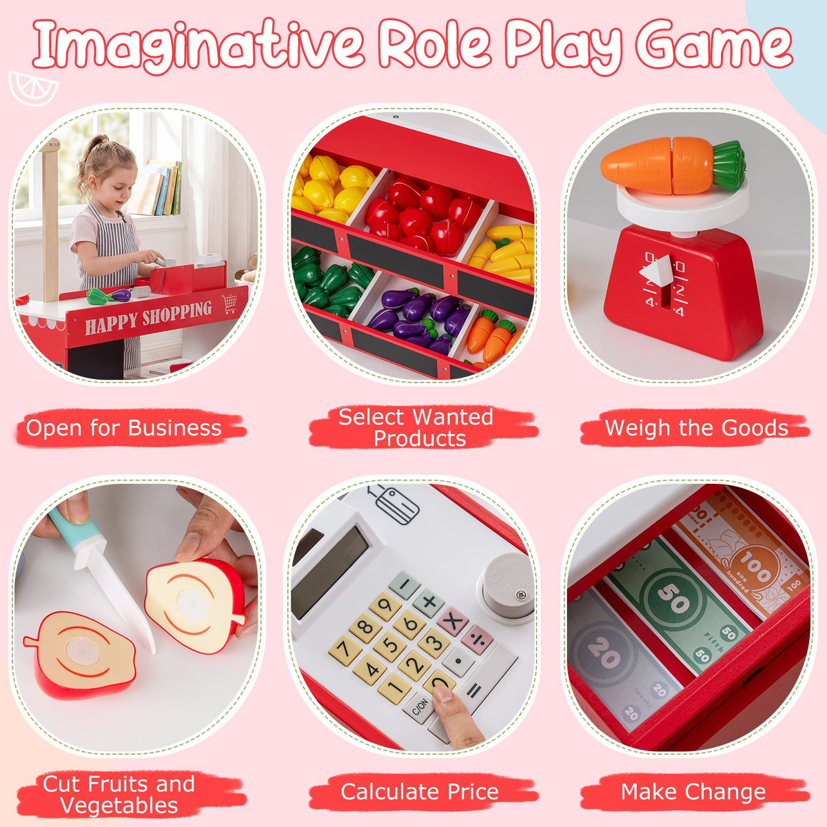 Kids Grocery Store Playset Wooden Pretend Play Supermarket with Shopping Cart-Red view 6
