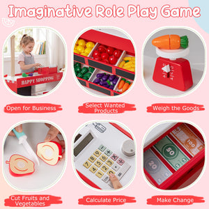 Kids Grocery Store Playset Wooden Pretend Play Supermarket with Shopping Cart-Red view 6