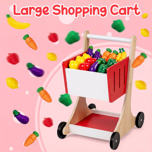 Kids Grocery Store Playset Wooden Pretend Play Supermarket with Shopping Cart-Red view 9