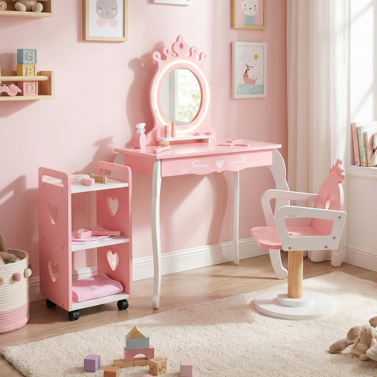 Kids Hair Salon Play Set with LED Lighted Mirror Wooden Pretend Hair Salon Station with Swivel Barber Chair-Pink view 3