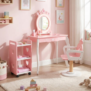 Kids Hair Salon Play Set with LED Lighted Mirror Wooden Pretend Hair Salon Station with Swivel Barber Chair-Pink view 3