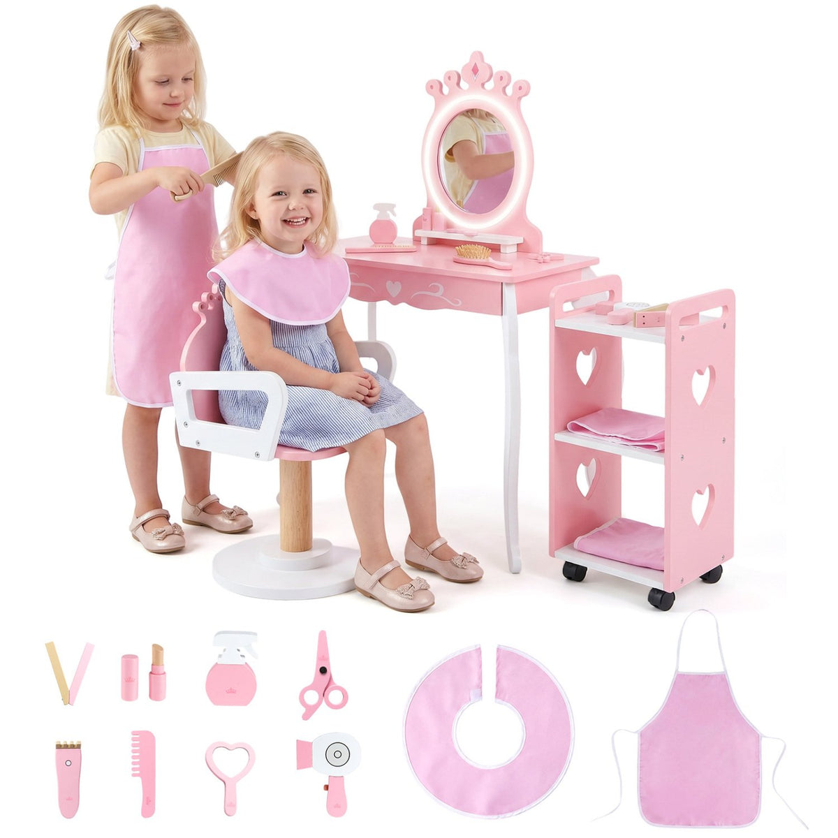Kids Hair Salon Play Set with LED Lighted Mirror Wooden Pretend Hair Salon Station with Swivel Barber Chair-Pink view 4