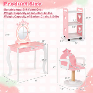 Kids Hair Salon Play Set with LED Lighted Mirror Wooden Pretend Hair Salon Station with Swivel Barber Chair-Pink view 5