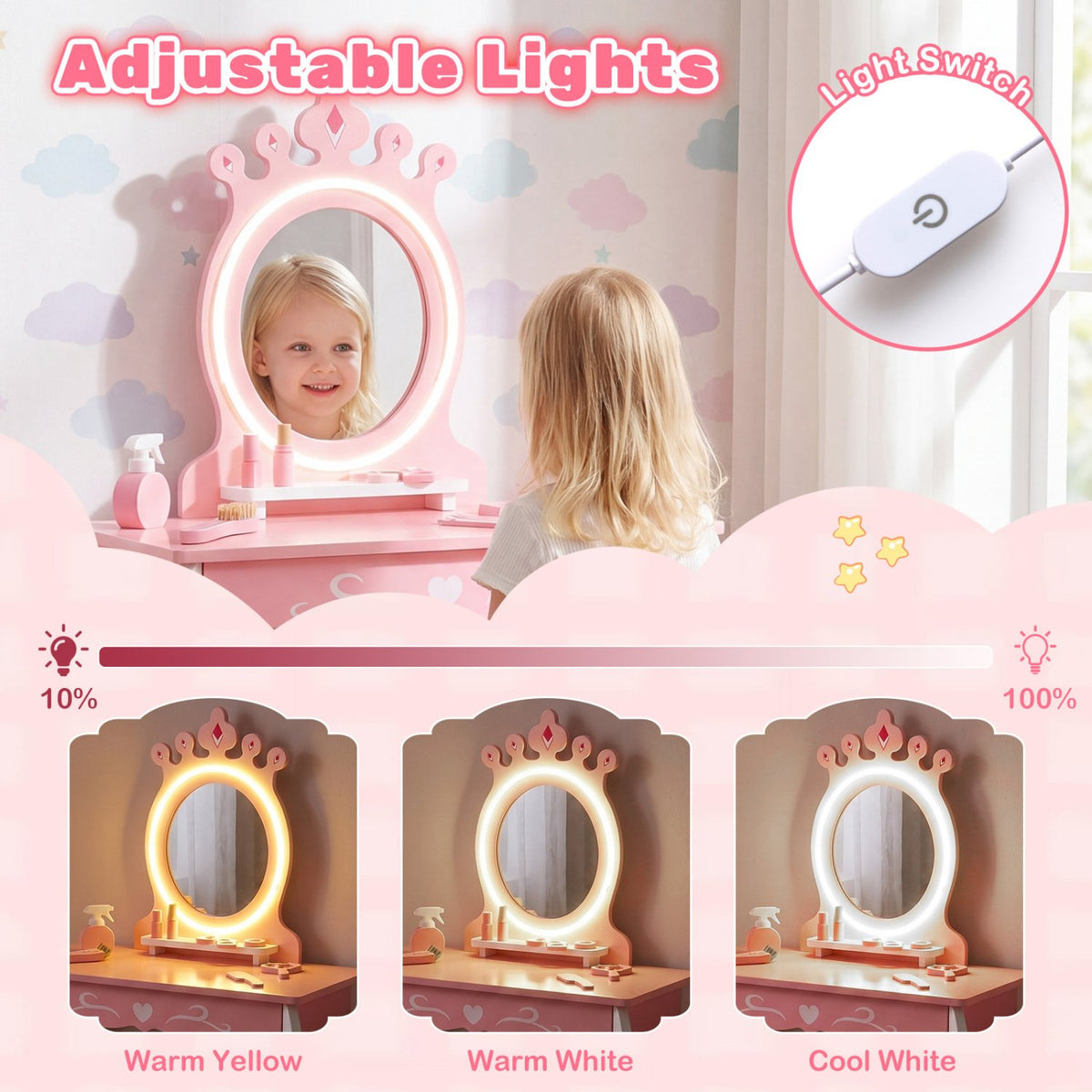 Kids Hair Salon Play Set with LED Lighted Mirror Wooden Pretend Hair Salon Station with Swivel Barber Chair-Pink view 6