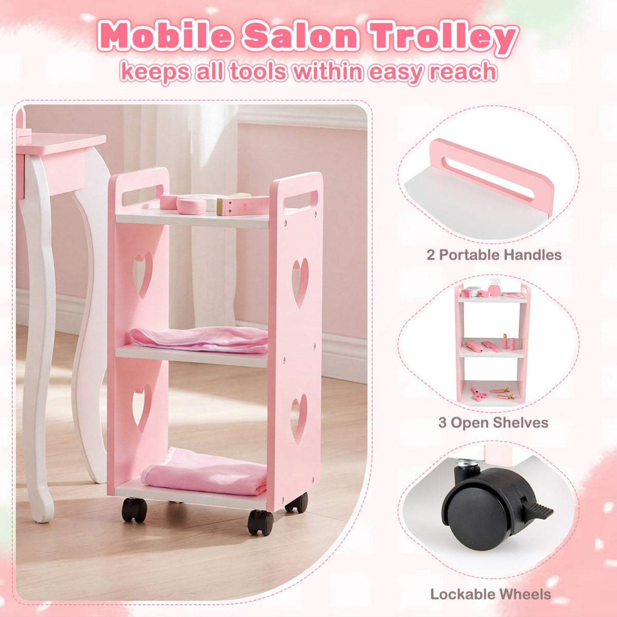 Kids Hair Salon Play Set with LED Lighted Mirror Wooden Pretend Hair Salon Station with Swivel Barber Chair-Pink view 7