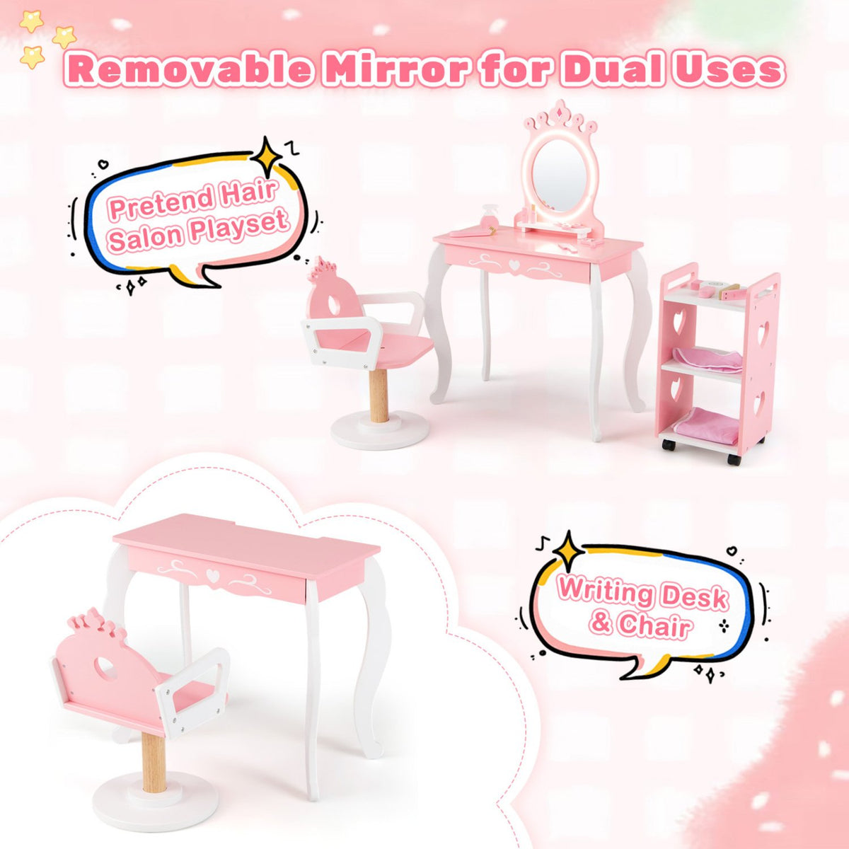 Kids Hair Salon Play Set with LED Lighted Mirror Wooden Pretend Hair Salon Station with Swivel Barber Chair-Pink view 9