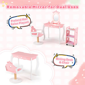 Kids Hair Salon Play Set with LED Lighted Mirror Wooden Pretend Hair Salon Station with Swivel Barber Chair-Pink view 9