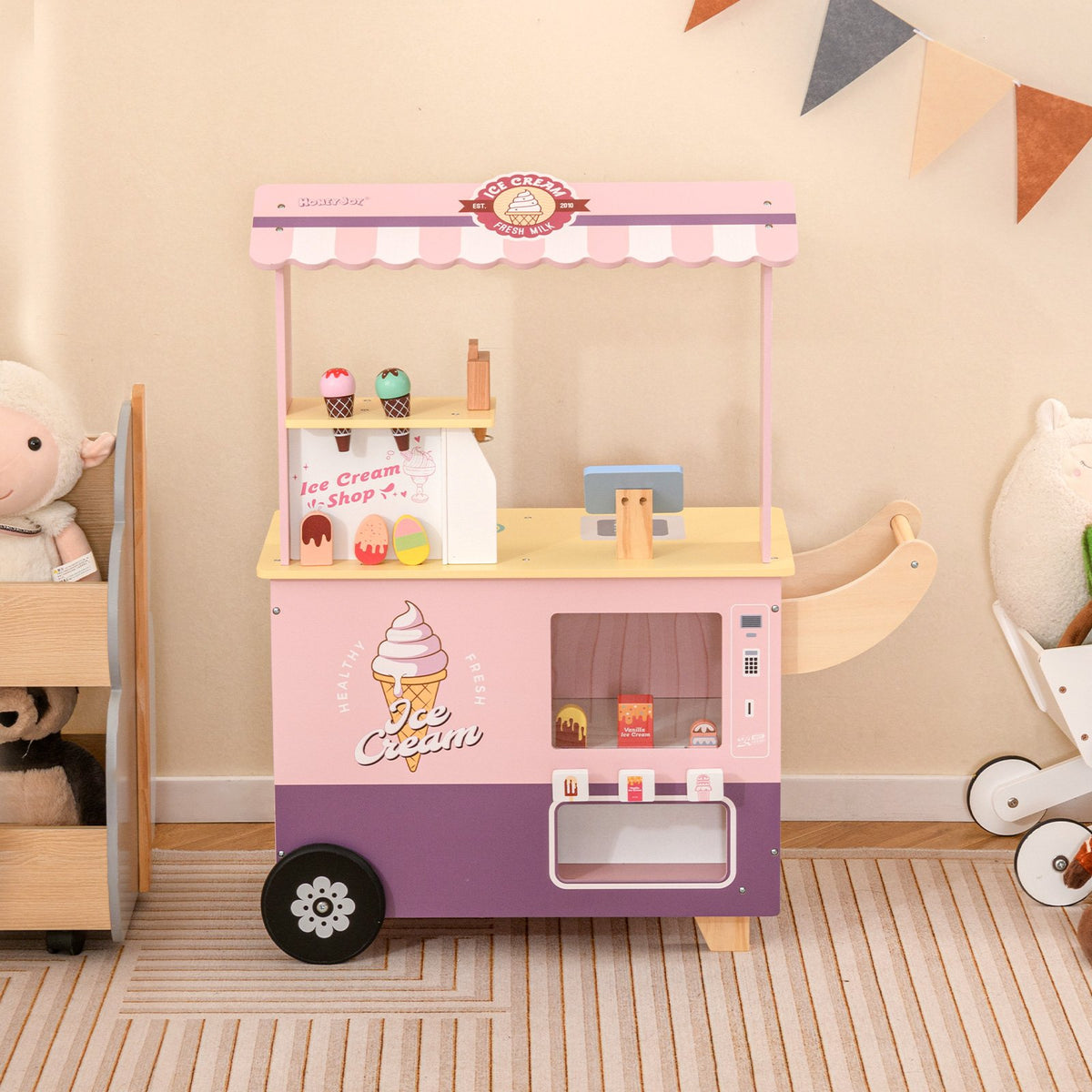 Kids Ice Cream Truck Pretend Play Set for Toddlers with Vending Machine-Pink view 2