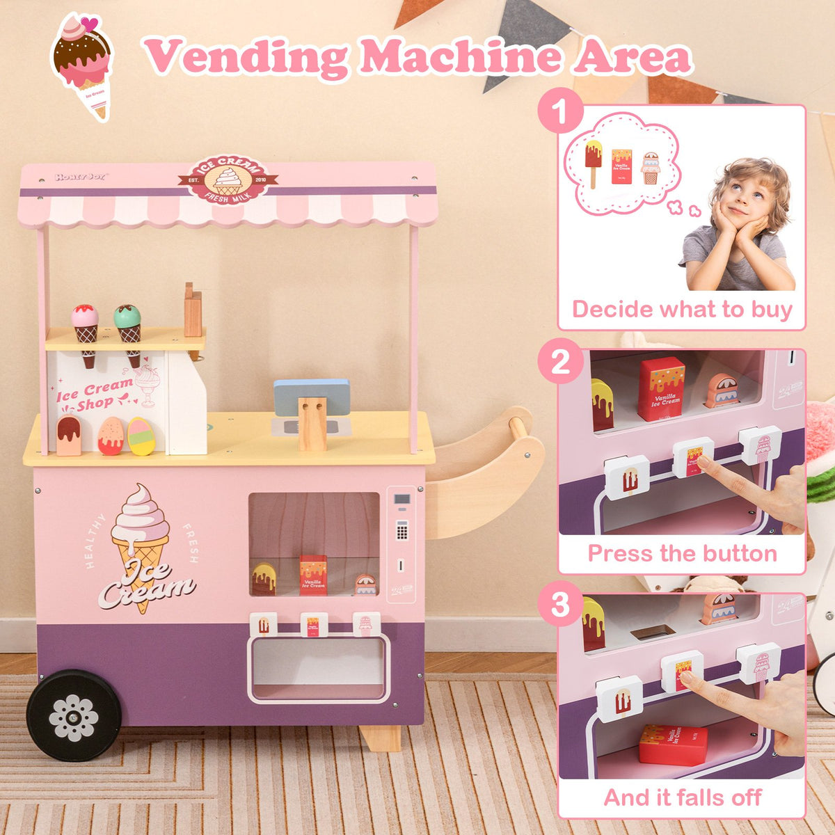 Kids Ice Cream Truck Pretend Play Set for Toddlers with Vending Machine-Pink view 4