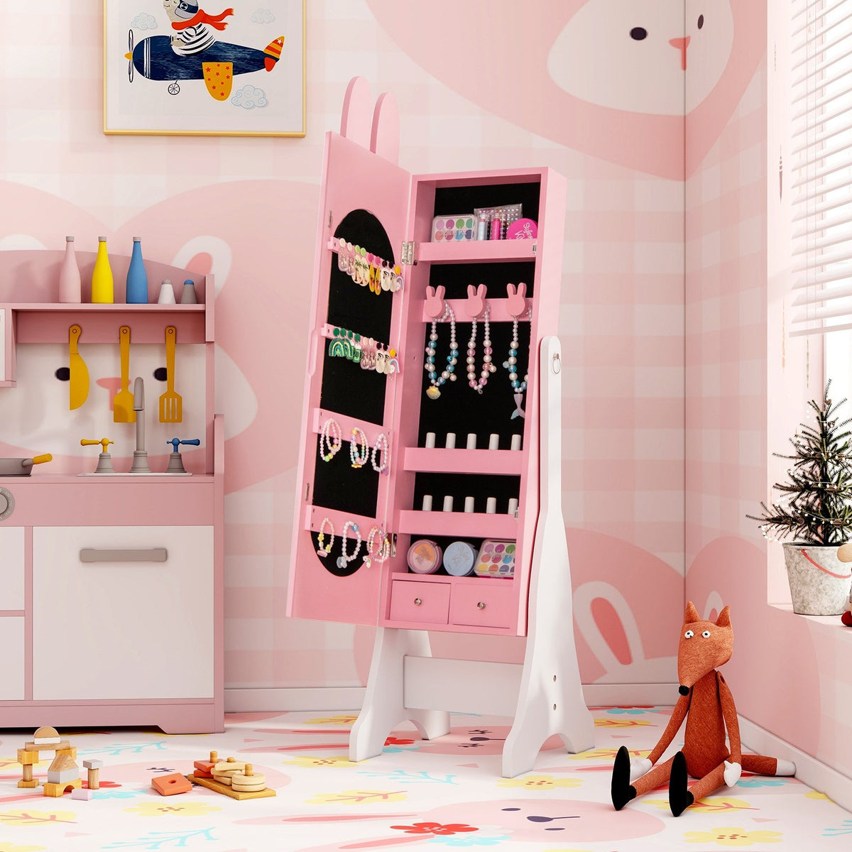 Kids Jewelry Armoire Cabinet with 2 Tilt Angles and Large Capacity-Pink view 2
