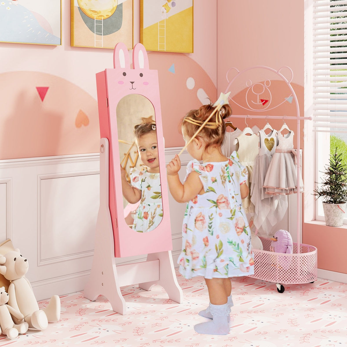 Kids Jewelry Armoire Cabinet with 2 Tilt Angles and Large Capacity-Pink view 3