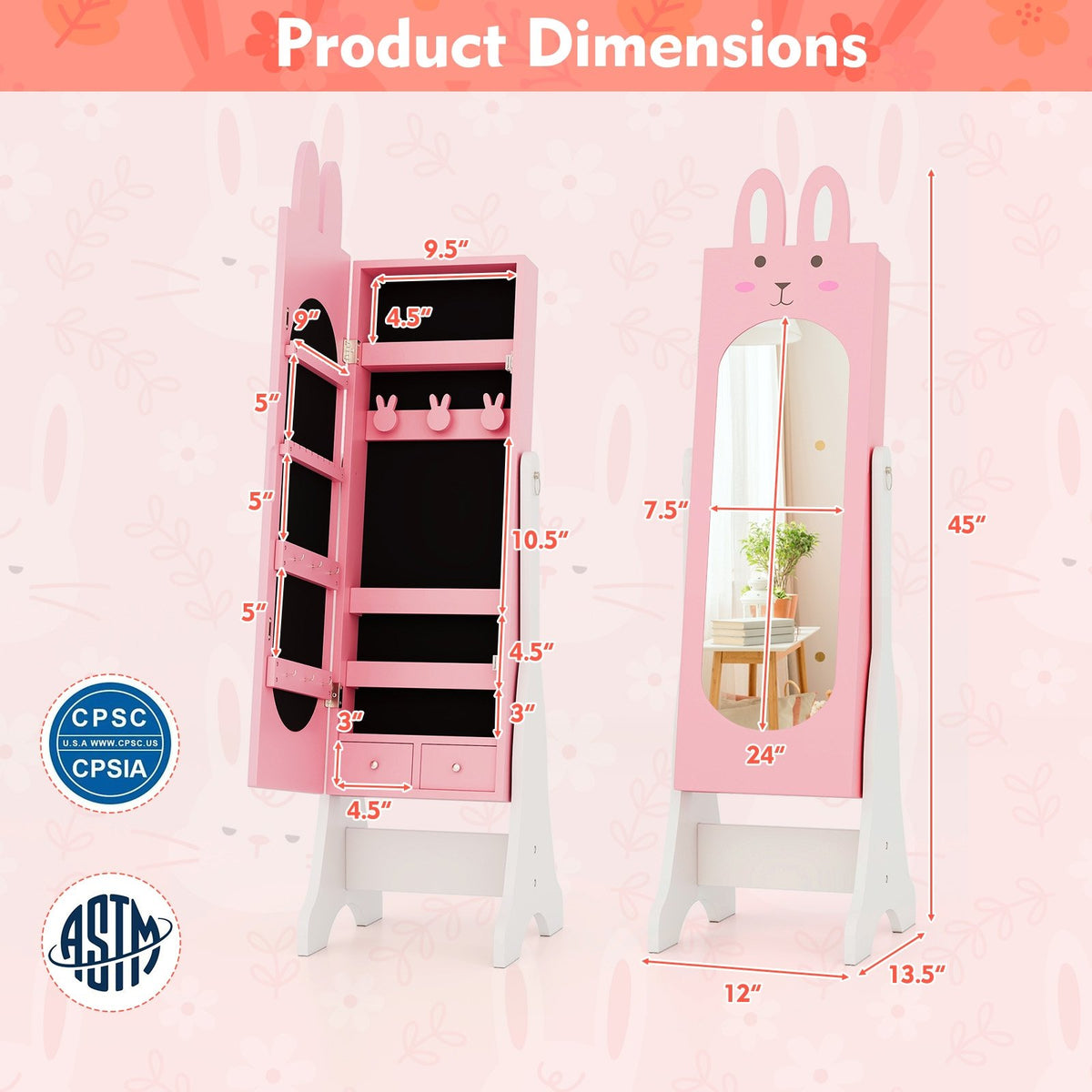 Kids Jewelry Armoire Cabinet with 2 Tilt Angles and Large Capacity-Pink view 5