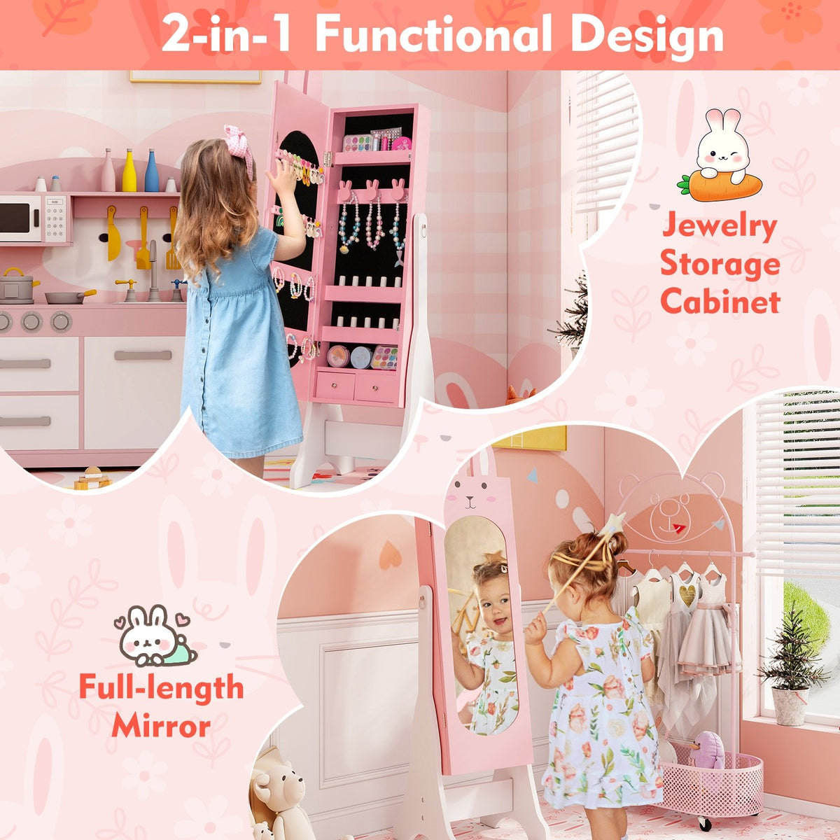 Kids Jewelry Armoire Cabinet with 2 Tilt Angles and Large Capacity-Pink view 7