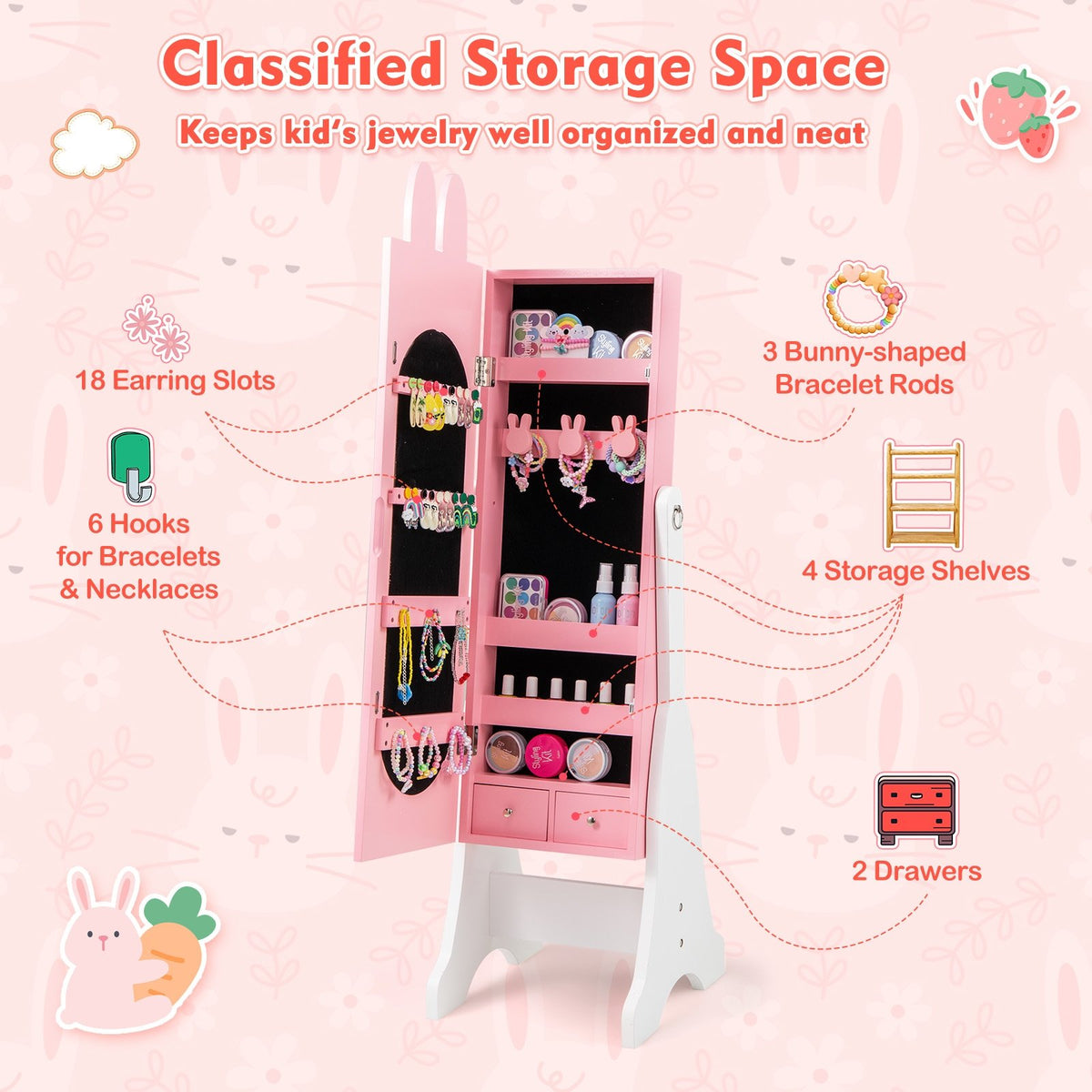 Kids Jewelry Armoire Cabinet with 2 Tilt Angles and Large Capacity-Pink view 8