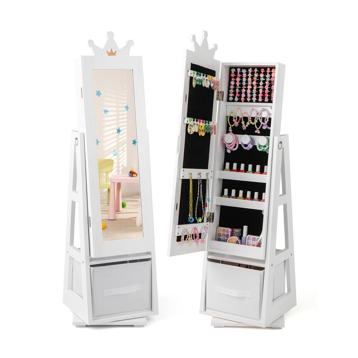 Kids Jewelry Armoire Cabinet with Large Storage Capacity and Swivel Base-White