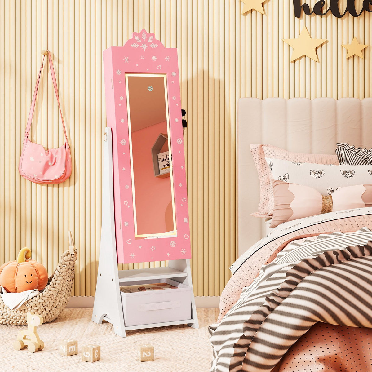 Kids Jewelry Armoire Freestanding Jewelry Cabinet with 3-Color Lighted Full Length Mirror-Pink view 2