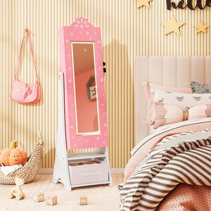 Kids Jewelry Armoire Freestanding Jewelry Cabinet with 3-Color Lighted Full Length Mirror-Pink view 2
