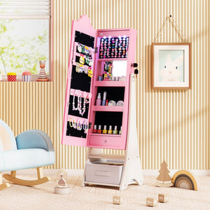 Kids Jewelry Armoire Freestanding Jewelry Cabinet with 3-Color Lighted Full Length Mirror-Pink view 3