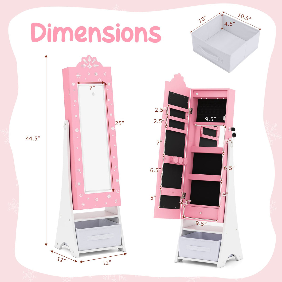Kids Jewelry Armoire Freestanding Jewelry Cabinet with 3-Color Lighted Full Length Mirror-Pink view 4