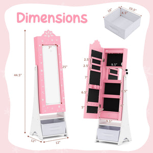 Kids Jewelry Armoire Freestanding Jewelry Cabinet with 3-Color Lighted Full Length Mirror-Pink view 4