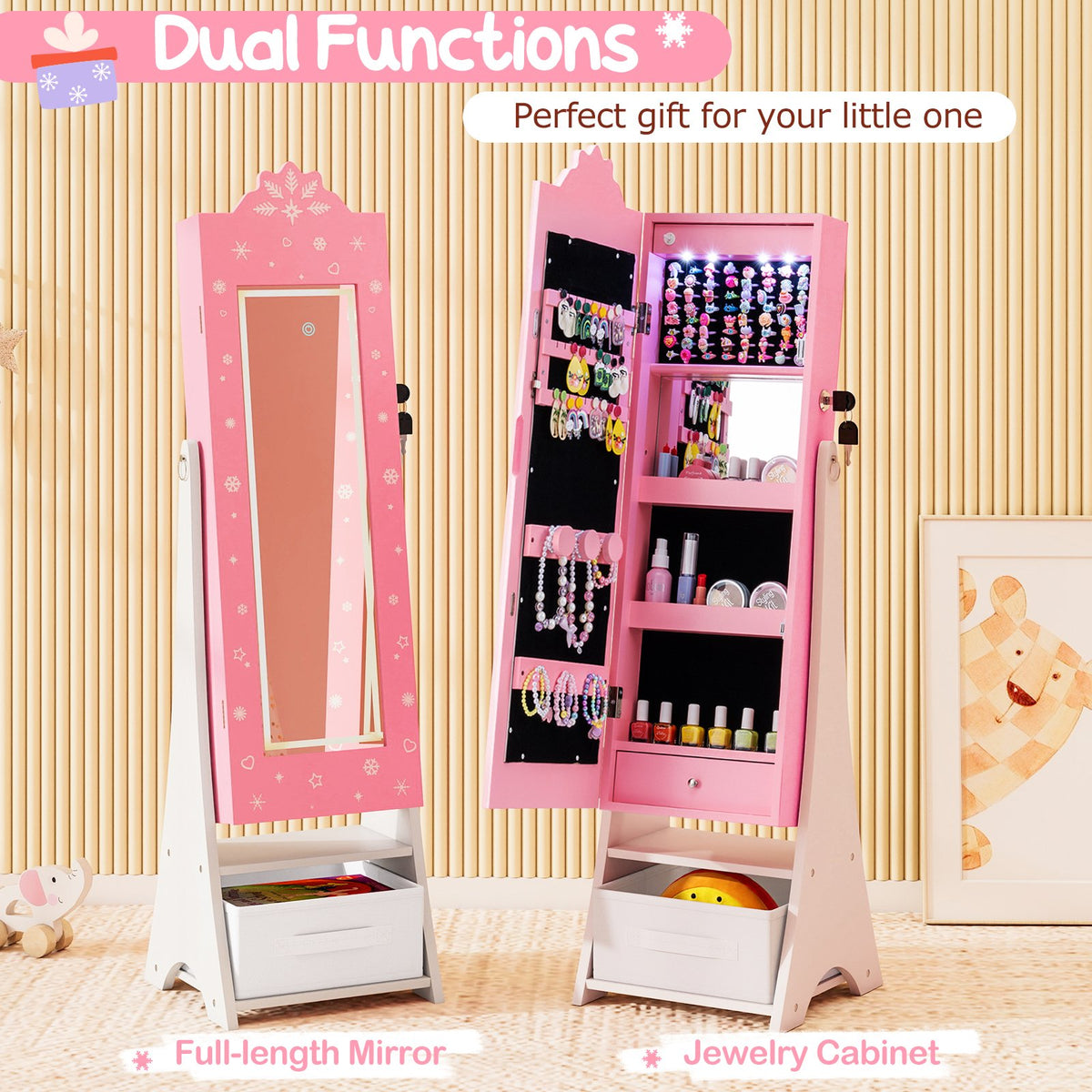 Kids Jewelry Armoire Freestanding Jewelry Cabinet with 3-Color Lighted Full Length Mirror-Pink view 5