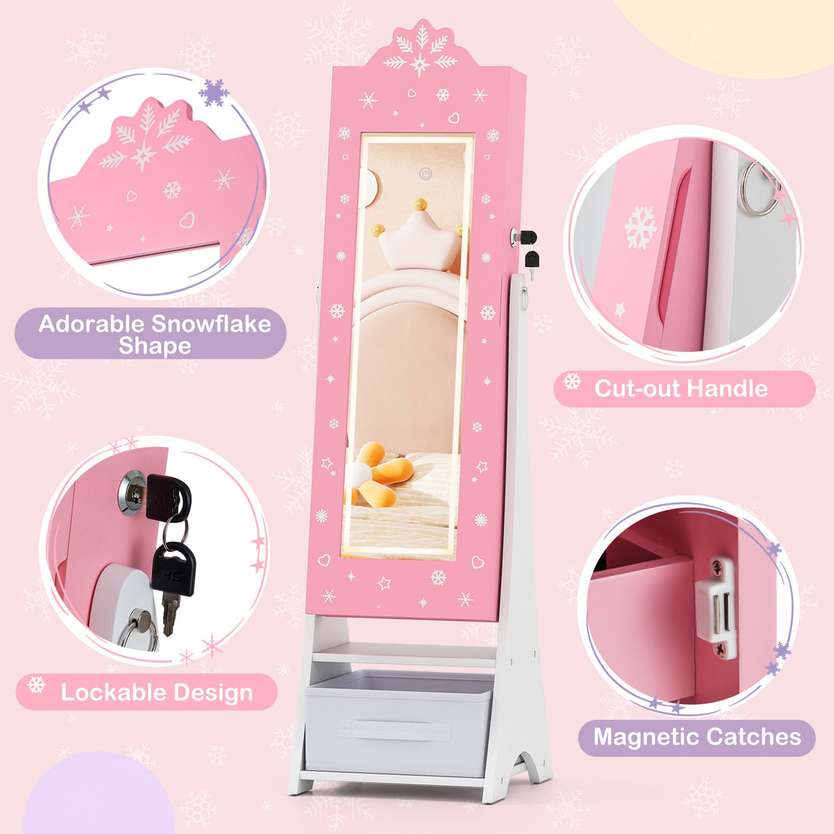 Kids Jewelry Armoire Freestanding Jewelry Cabinet with 3-Color Lighted Full Length Mirror-Pink view 7