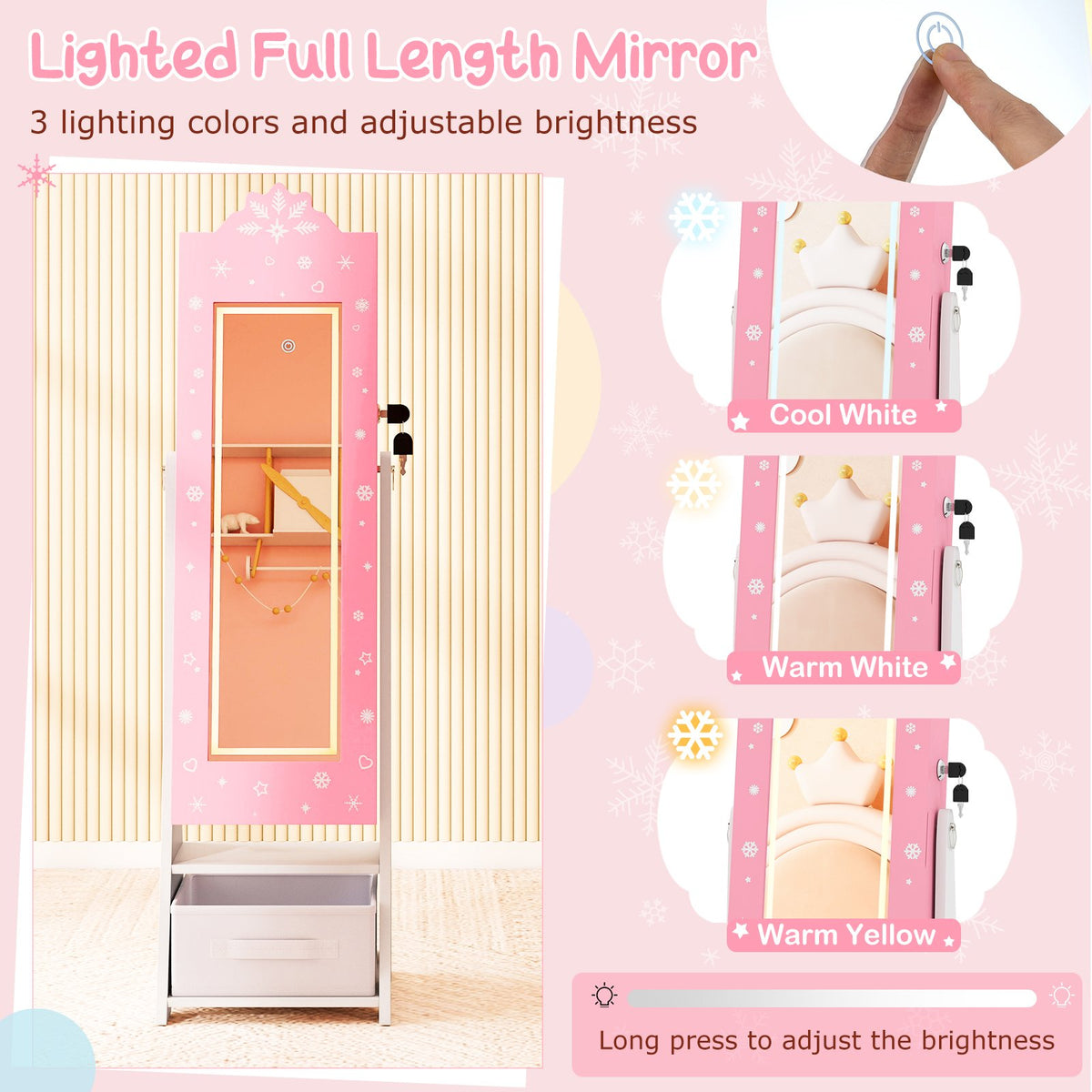 Kids Jewelry Armoire Freestanding Jewelry Cabinet with 3-Color Lighted Full Length Mirror-Pink view 8