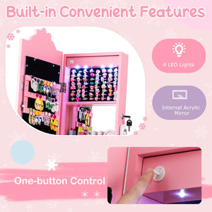 Kids Jewelry Armoire Freestanding Jewelry Cabinet with 3-Color Lighted Full Length Mirror-Pink view 9