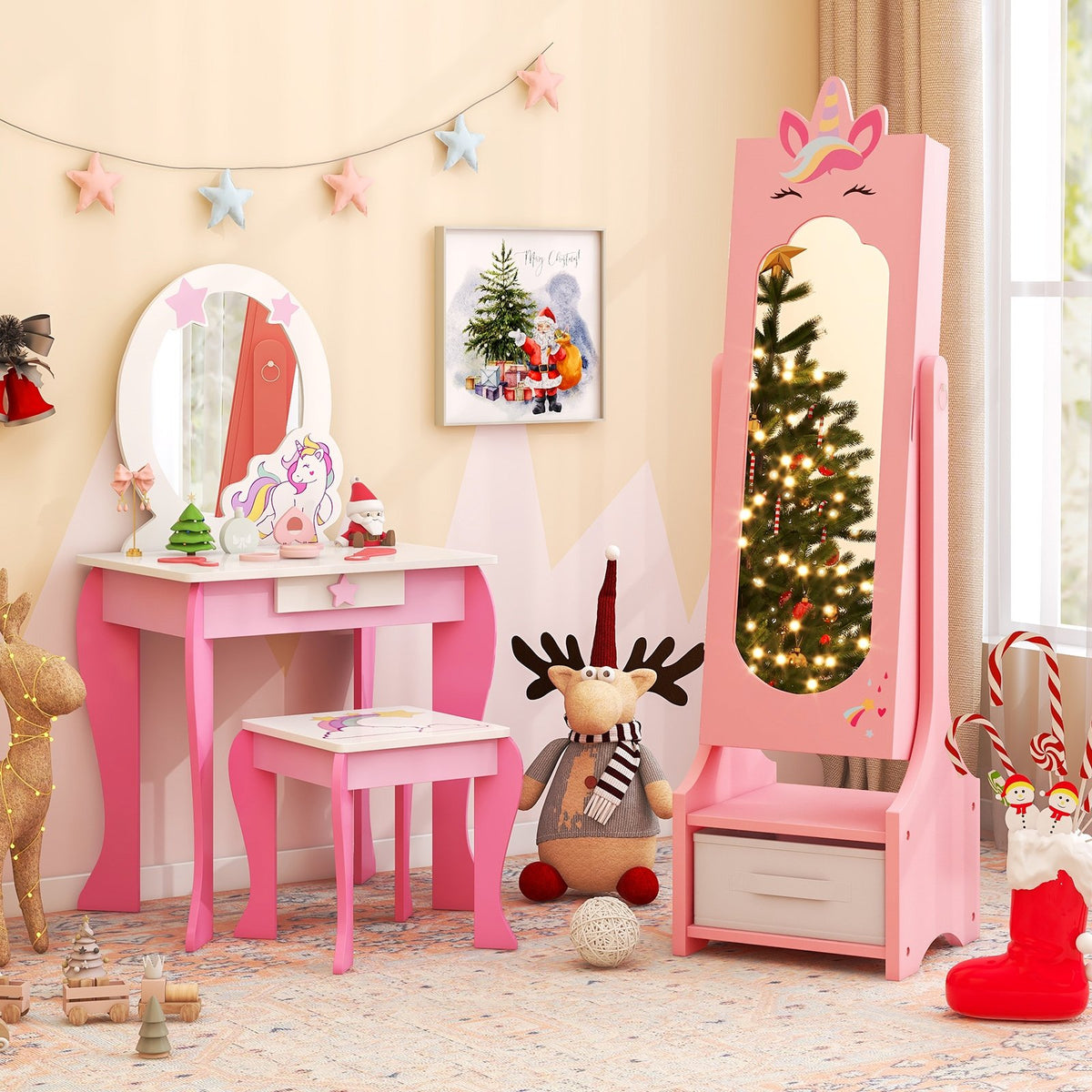 Kids Jewelry Cabinet with Full-Length Mirror for Kids Bedroom and Playroom-Pink view 3