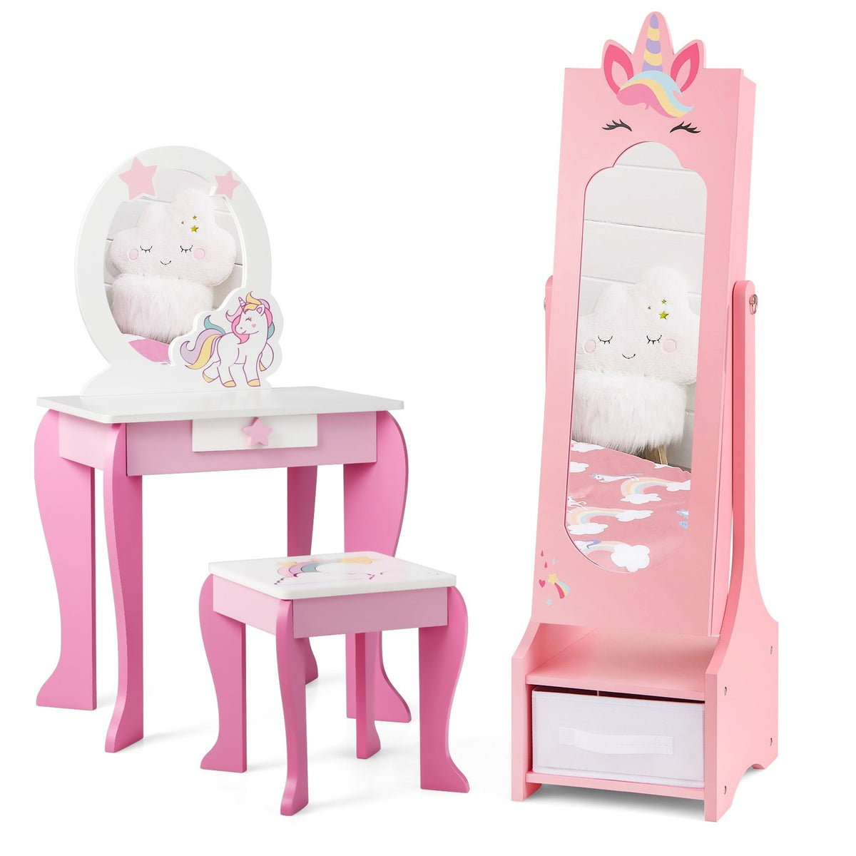 Kids Jewelry Cabinet with Full-Length Mirror for Kids Bedroom and Playroom-Pink view 4