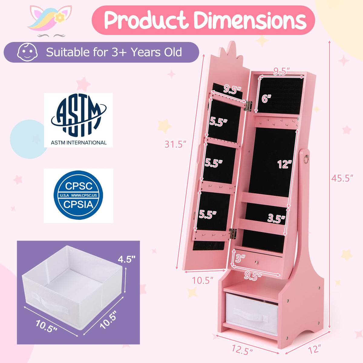 Kids Jewelry Cabinet with Full-Length Mirror for Kids Bedroom and Playroom-Pink view 5