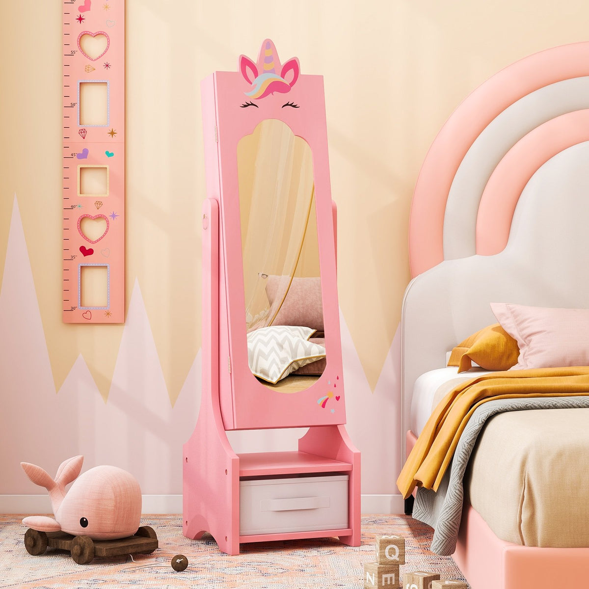 Kids Jewelry Cabinet with Full-Length Mirror for Kids Bedroom and Playroom-Pink view 6
